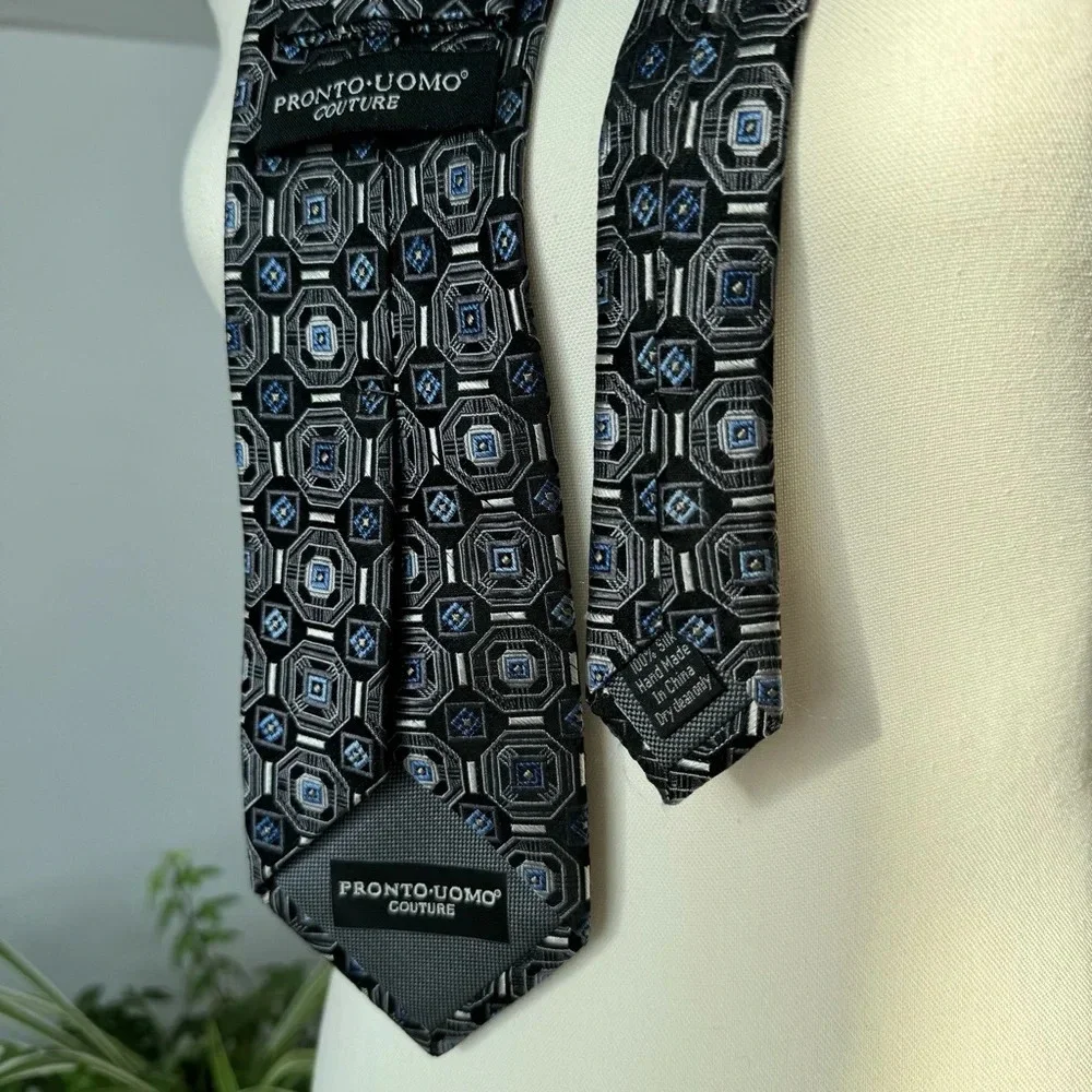 Pronto Uomo Couture Silk Tie 3.25” Width Black with Blue & Gray Geometric Print‎